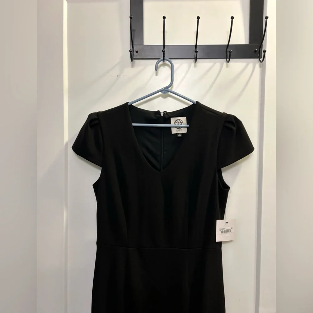 NWT Sage Black Scuba Crepe Asymmetrical Cap Sleeve Dress